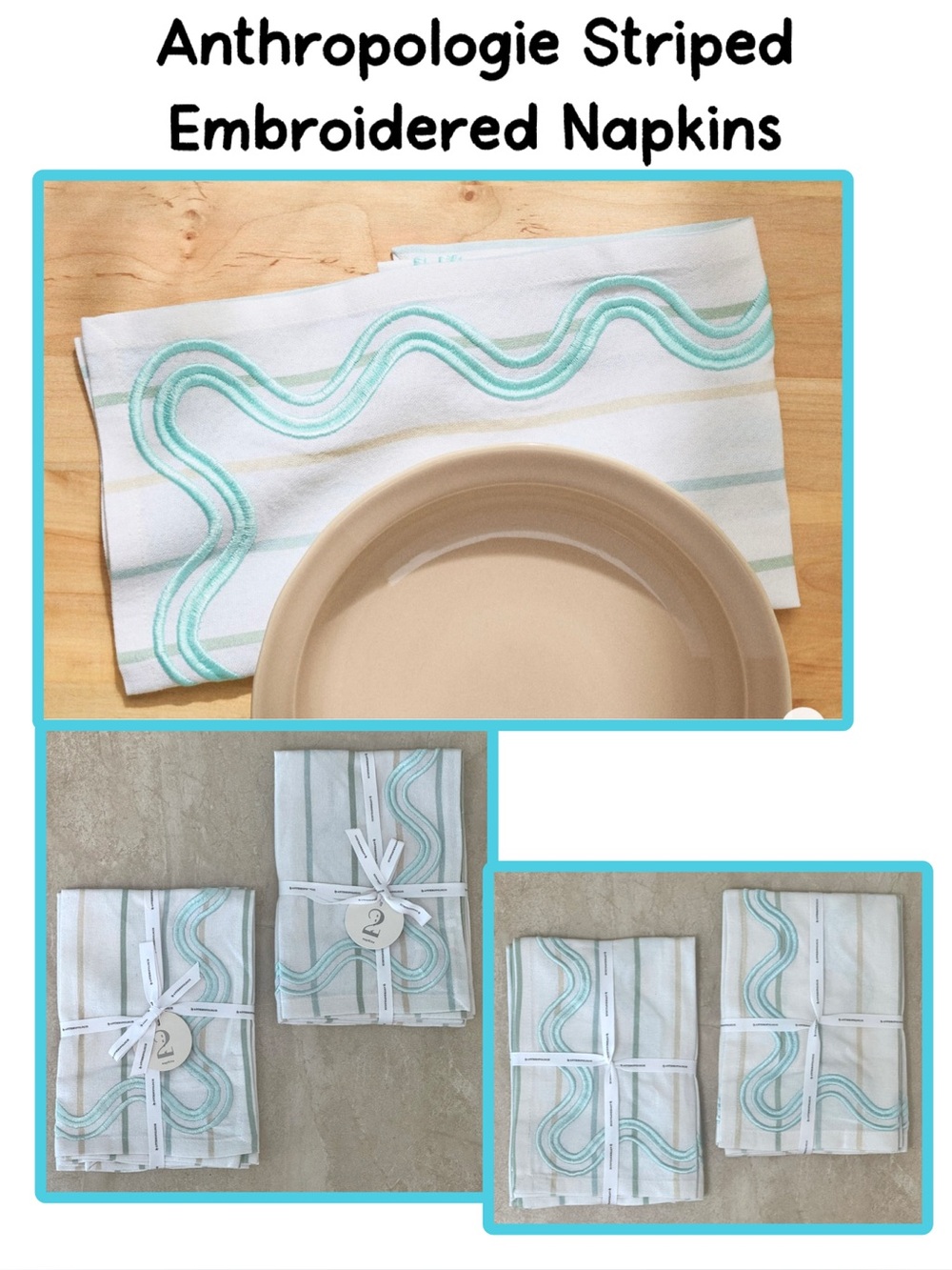 Anthropologie Striped Embroidered Napkins
